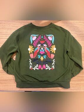 Olive Green Crewneck Sweatshirt with Colorful Folk Art Print Girl 6/7 small